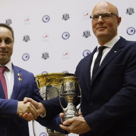 Roscosmos Head Performs Symbolic Puck Drop at KHL Match